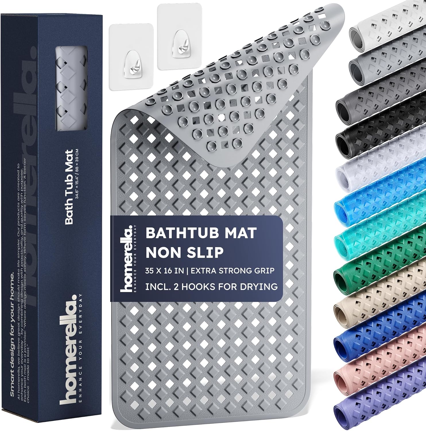 homerella® Bathtub Mat Non Slip 35x16, Incl. Hooks for Drying, Extra Long, 100% BPA Free, Shower Mat Non Slip Anti Mold, Machine Washable, Shower Mats for Inside Shower Mildew Resistant