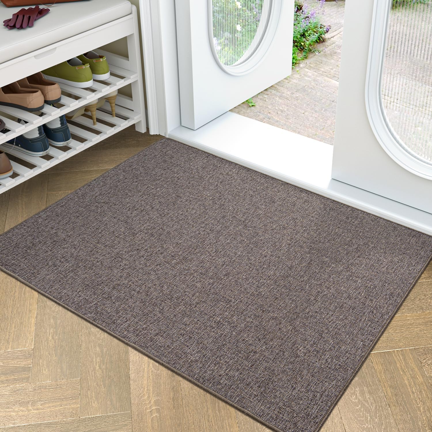 LUMI Ultra Thin Door Mat for Entryway, 32"x48" Low Profile Non Slip Rubber Backing Indoor Doormat, Easy Clean Welcome Entrance Mat for Inside House, Patio, Brown