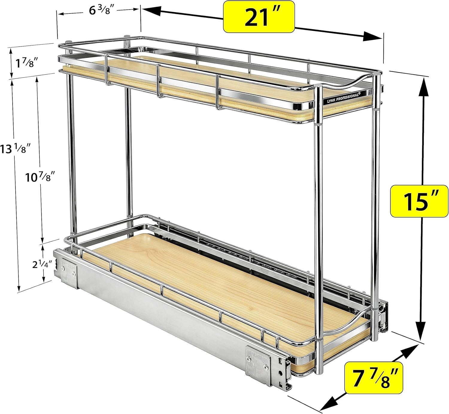 LYNK PROFESSIONAL® Élite™ Pull Out Spice Rack Organizer for Inside Kitchen Cabinets - 6"x21" - Slide Out Drawer – Wood/Chrome Sliding Spice Cabinet Organization Shelf Racks - 2 Tier