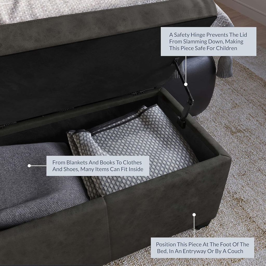 BELLEZE Storage Faux Leather Ottoman, 47 Inch Bench Bedroom Bench with Safety Close Hinge, Extra Long Ottoman with Storage for Living Room, Entryway, Hallway, Foot Rest, Support 300lbs - Rustic Gray