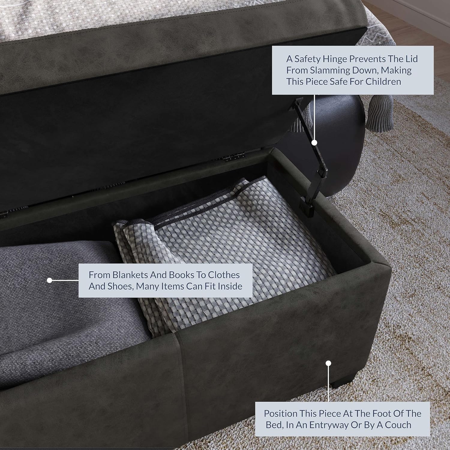 BELLEZE Storage Faux Leather Ottoman, 47 Inch Bench Bedroom Bench with Safety Close Hinge, Extra Long Ottoman with Storage for Living Room, Entryway, Hallway, Foot Rest, Support 300lbs - Rustic Gray