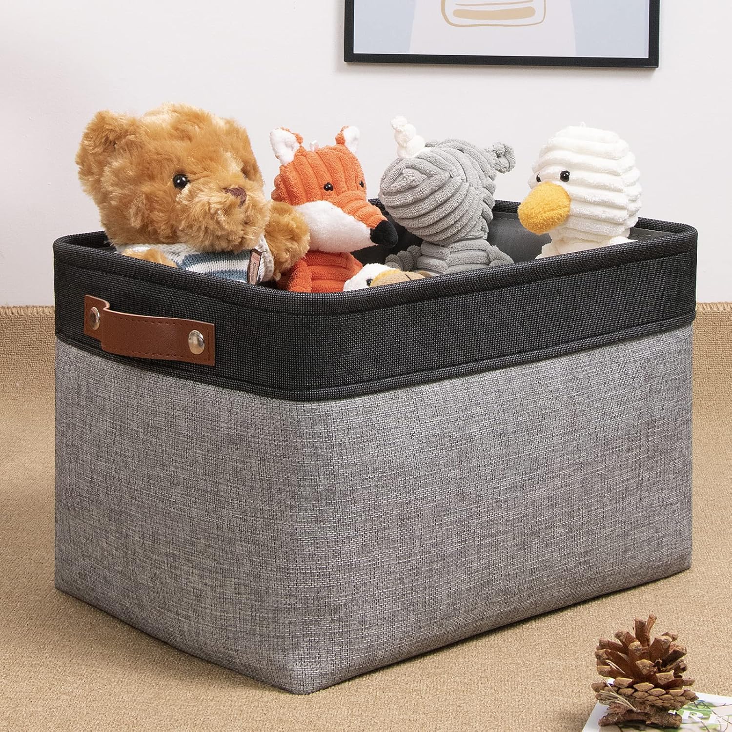 DULLEMELO Fabric Storage Basket for Shelves/Closets, Collapsible Rectangle Basket for Organizing Clothes, Toys, Towels, Books, Laundry, Nursery, Dog Toy Basket Empty (Black&Gray)