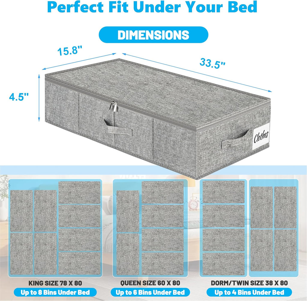 Under Bed Storage Container Bin 4 Pack, 4.5 Inch Slim Low Profile Underbed Clothes Storage Organizer for Dorm & Home, Use for Blanket and Toy Storage Box W/ Sturdy Bottom/Sides, Foldable Thick Fabric