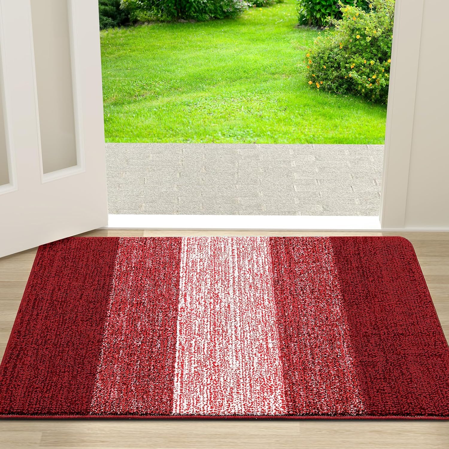 Kitinjoy Indoor Outdoor Door Mat, 30x17 Non-Slip Absorbent Dirt Trapper, Low-Profile Washable Inside Entrance Front Floor Mat, Sturdy Soft Entry Doormats for Entryway, Burgundy
