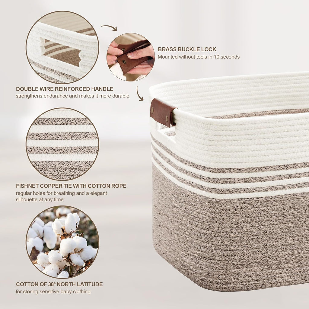 45L Small Laundry Basket with Leather Handles for Living Room Storage, Woven Rope Baskets Bin for Blanket, Kids Toy, Gifts, Wicker Hamper for Bedroom Dirty Clothes, 18"x14"x11" White Brown