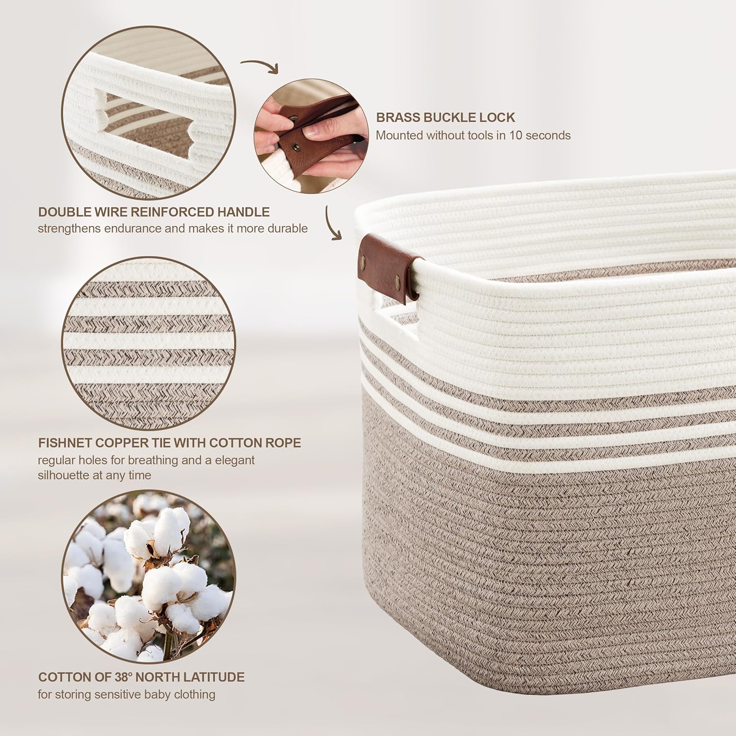 45L Small Laundry Basket with Leather Handles for Living Room Storage, Woven Rope Baskets Bin for Blanket, Kids Toy, Gifts, Wicker Hamper for Bedroom Dirty Clothes, 18"x14"x11" White Brown