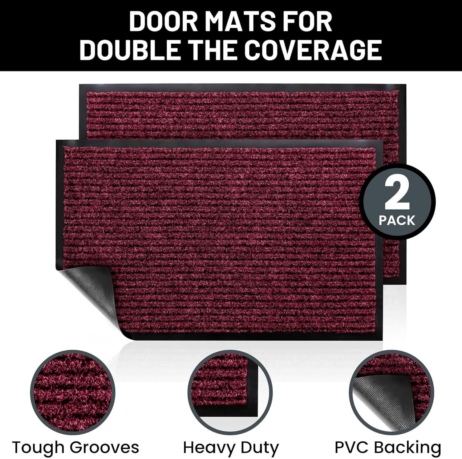 Sierra Concepts Front Door Mat Large Welcome Floor Mats - Entryway Indoor Outdoor Entrance Doormat, Patio, Porch, Muddy Dog Shoe, Inside Outside Low Profile 36x24in, 2-Pack Red