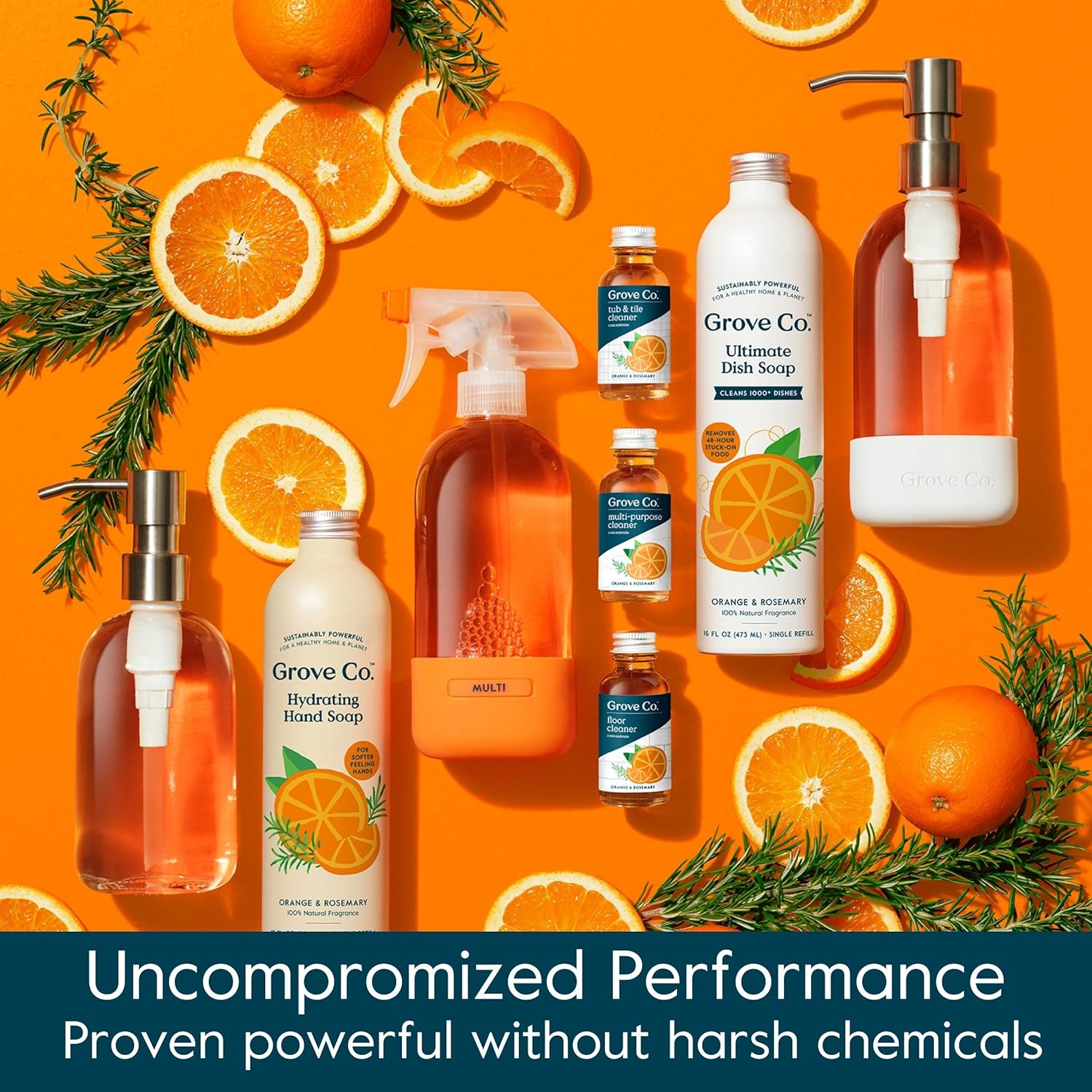 Grove Co. Tub and Tile Cleaner Refill Concentrate (2 x 1 Fl Oz) + 1 x Reusable Glass Spray Bottle (16 Oz) Plant-Based Cleaning Supplies Bundle, No Plastic Waste, 100% Natural Orange & Rosemary Scent