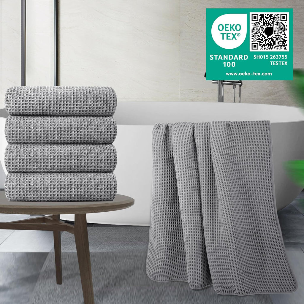 POLYTE Microfiber Oversize Quick Dry Lint Free Bath Towel, 60 x 30 in, 4 Pack (Waffle Weave)