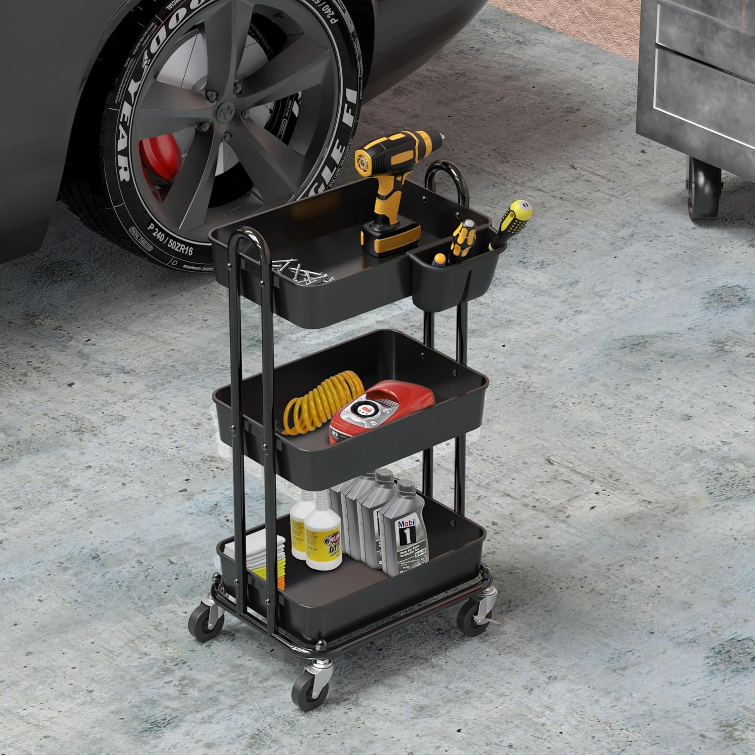 Simple Houseware 3-Tier Multifunctional Rolling Utility Cart with Hanging Bucket, Black