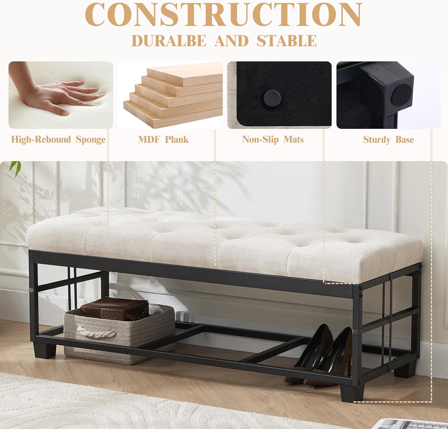 43’’ Storage Ottoman Bench, Linen Entryway Benches Load up to 660 Lb, Modern End of Bed Benches for Bedroom, Ottoman with Storage Bench for Living Room, Beige