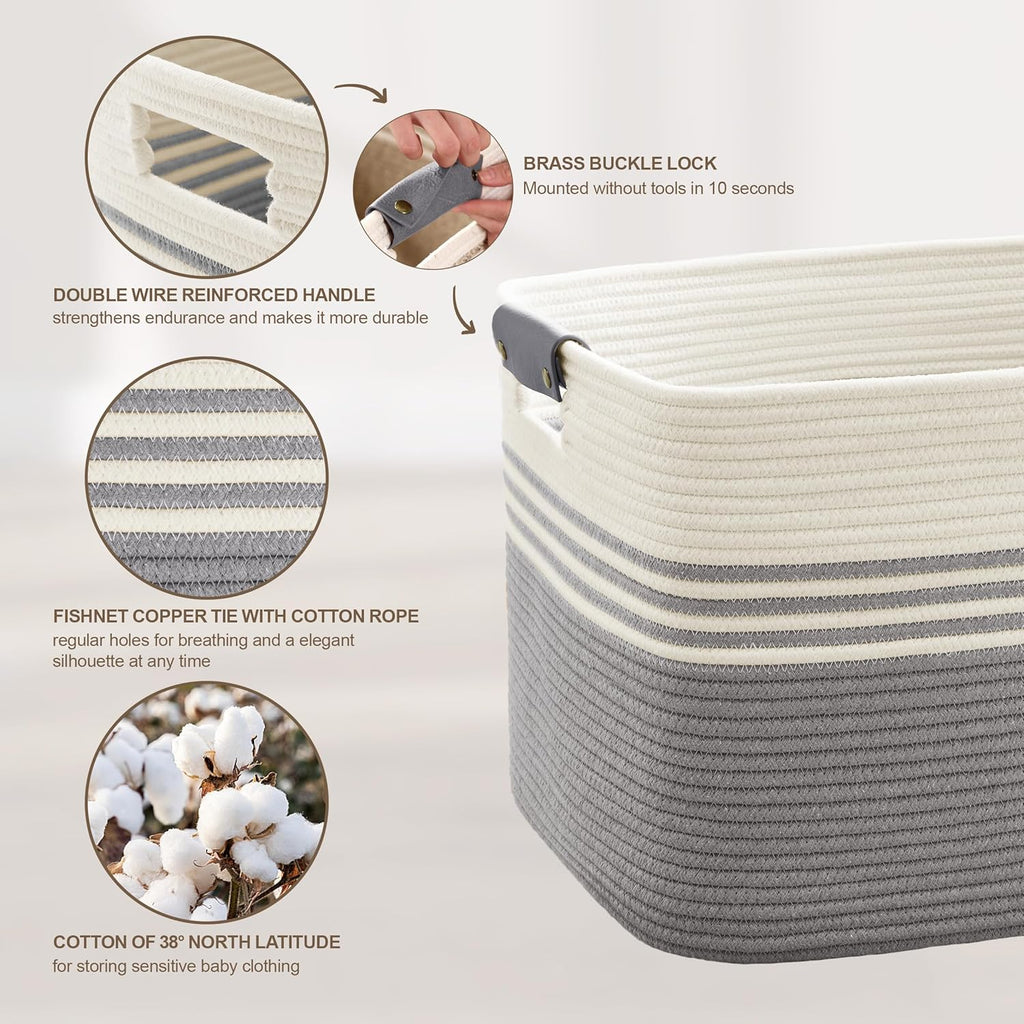 60L Large Laundry Basket with Leather Handles for Living Room Storage, Woven Rope Baskets Bin for Blanket, Kids Toy, Gifts, Wicker Hamper for Bedroom Dirty Clothes, 21"x15"x11" White Grey