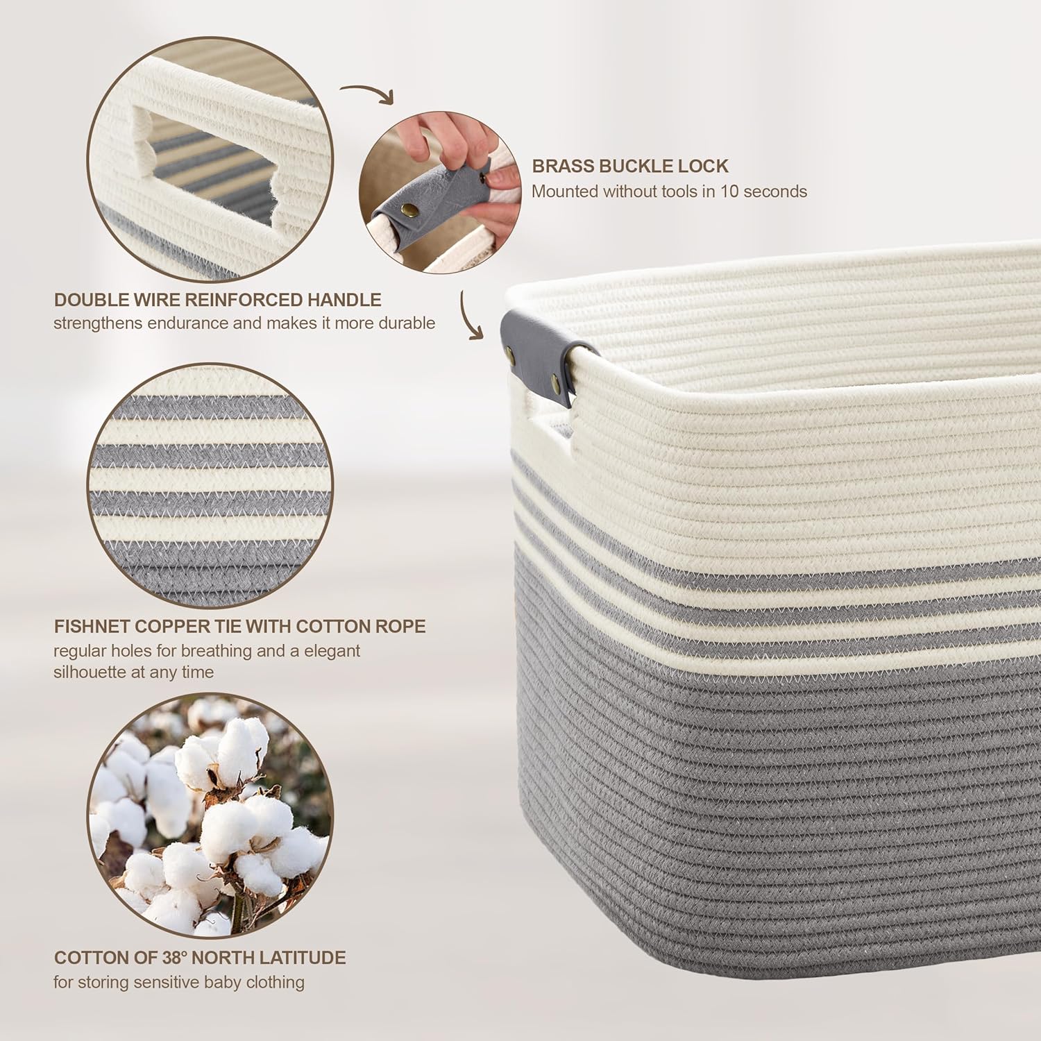 45L Small Laundry Basket with Leather Handles for Living Room Storage, Woven Rope Baskets Bin for Blanket, Kids Toy, Gifts, Wicker Hamper for Bedroom Dirty Clothes, 18"x14"x11" White Grey