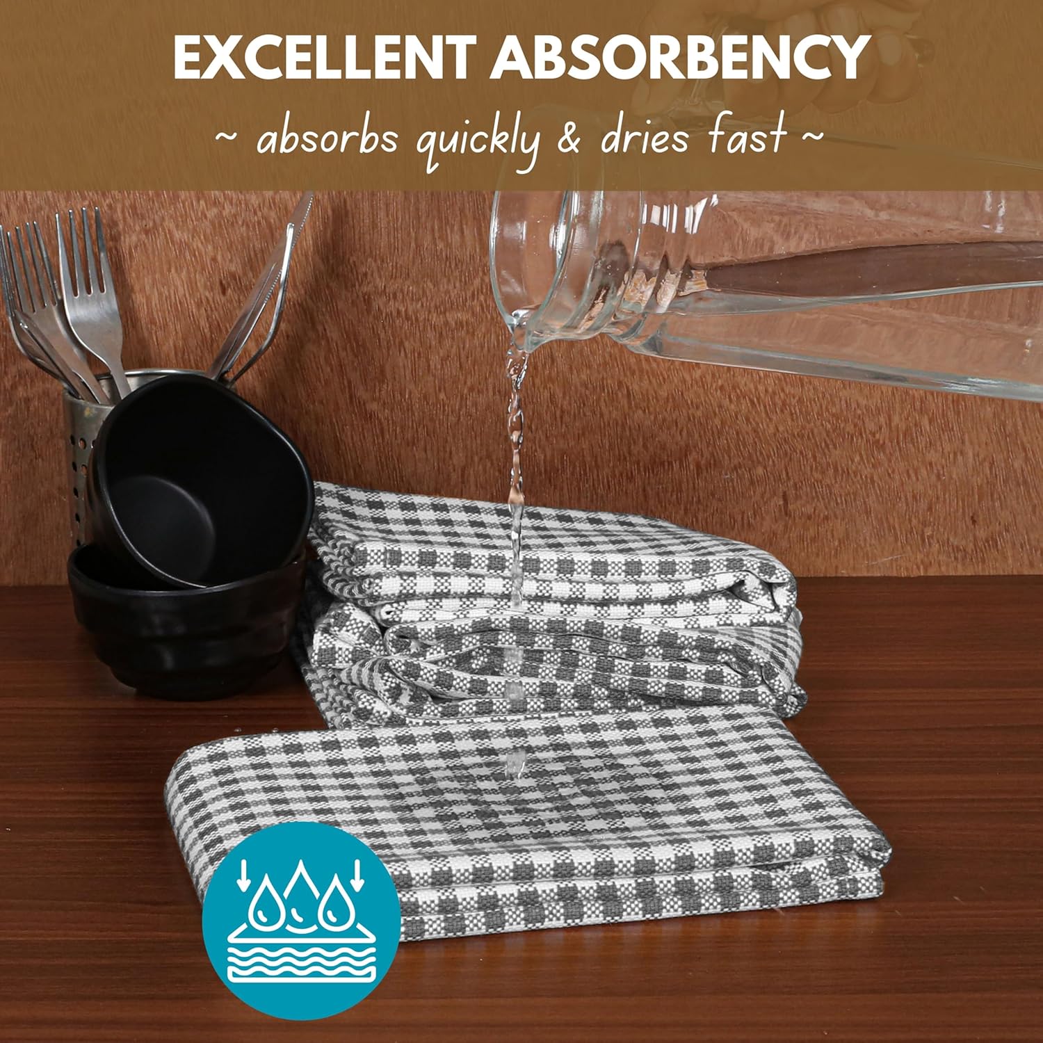Native Fab Gingham Kitchen Towels 6 Pack, 100% Cotton 16x26 Inch, Absorbent & Washable Tea Towels, Soft Dish Cloths with Hanging Loop for Drying & Cleaning, Grey White