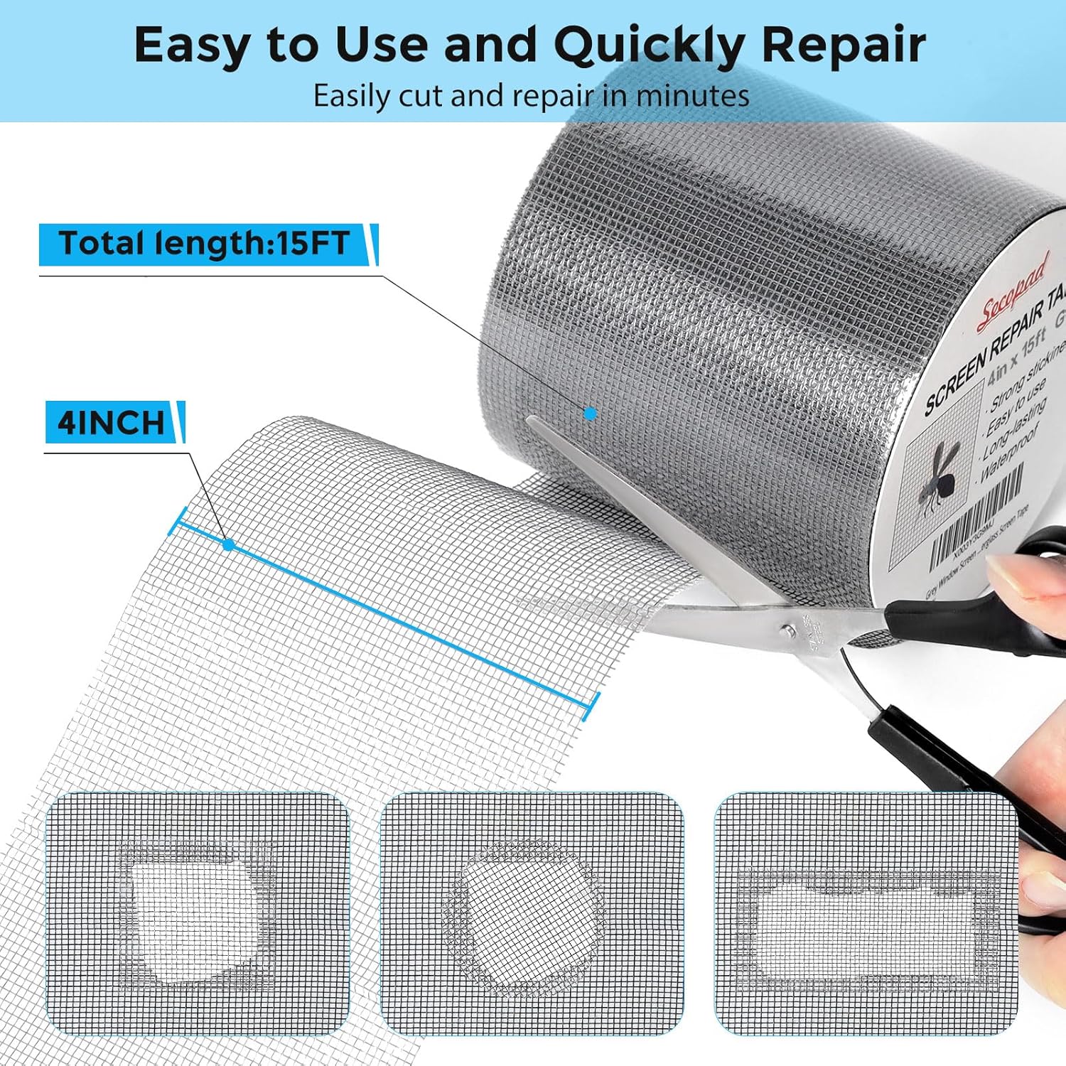 Grey Window Screen Repair Tape, 4 in X 15 FT (180IN) Screen Repair Kit for Windows or Doors, Strong Adhesive Fiberglass Mesh Patch Tape
