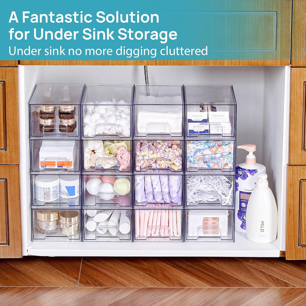 Vtopmart 2 Pack Clear Stackable Storage Drawers, 4.4'' Tall Acrylic Bathroom Makeup Organizer,Plastic Storage Bins For Vanity, Undersink, Kitchen Cabinets, Pantry, Home Organization