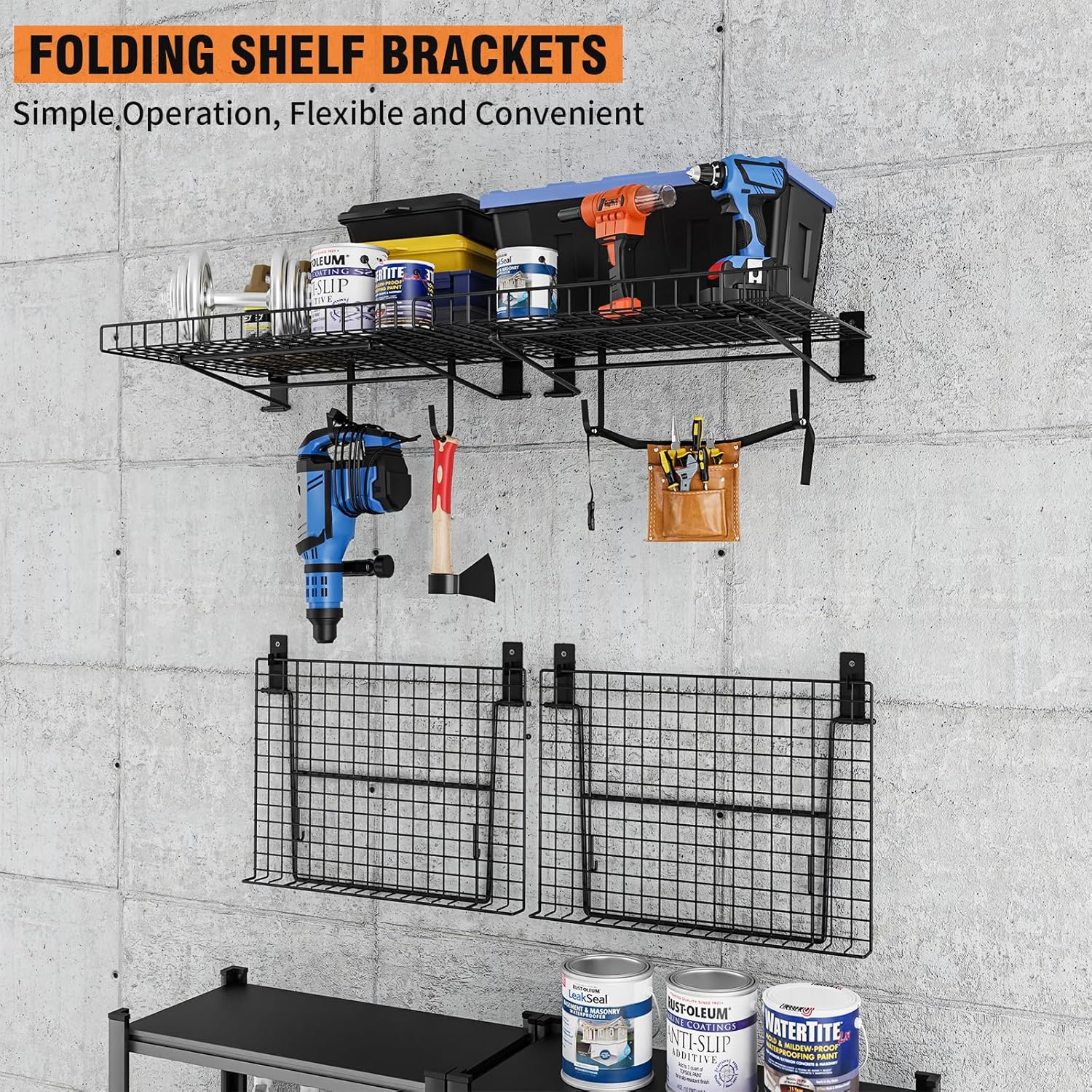 4 Pack Foldable Wall Shelf, Wall Mounted Garage Storage Shelves, Heavy Duty Wall Shelving Supports Up To 180 LBS. Floating Shelves With 8 Hooks Metal Storage Rack for Office, Kitchen and Laundry Room