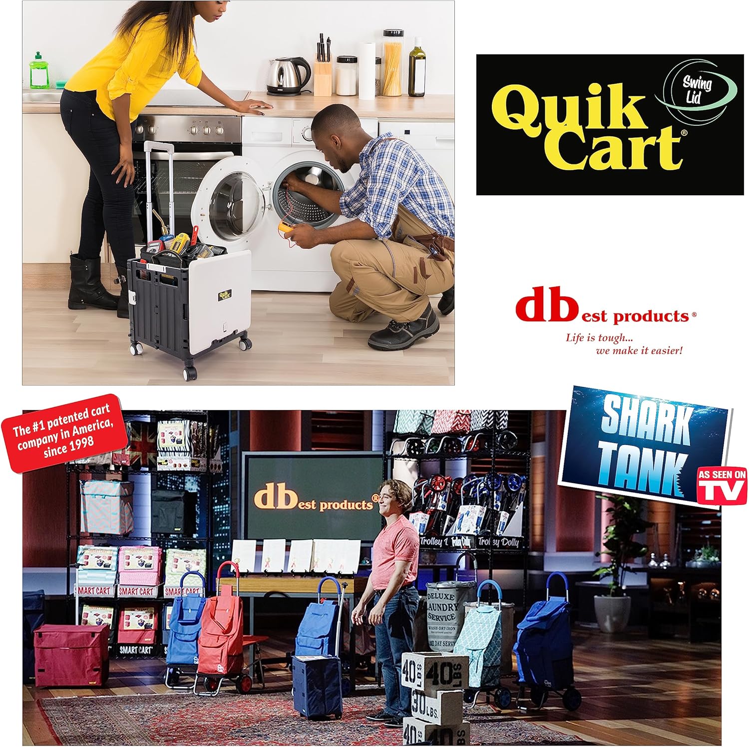 dbest products Quik Cart Swing Lid Four Swivel Wheeled Rolling Crate Teacher Utility with seat Heavy Duty Collapsible Basket with Dual Telescopic Wagon Handle