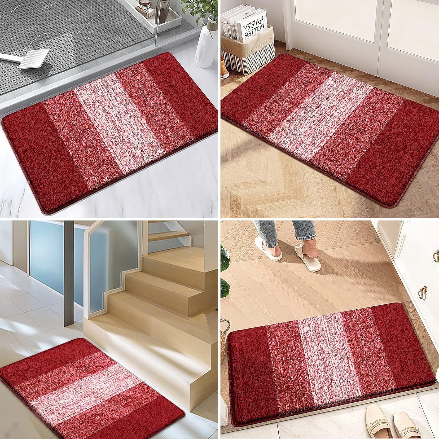 Kitinjoy Indoor Outdoor Door Mat, 48x30 Non-Slip Absorbent Dirt Trapper, Low-Profile Washable Inside Entrance Front Floor Mat, Sturdy Soft Entry Doormats for Entryway, Burgundy