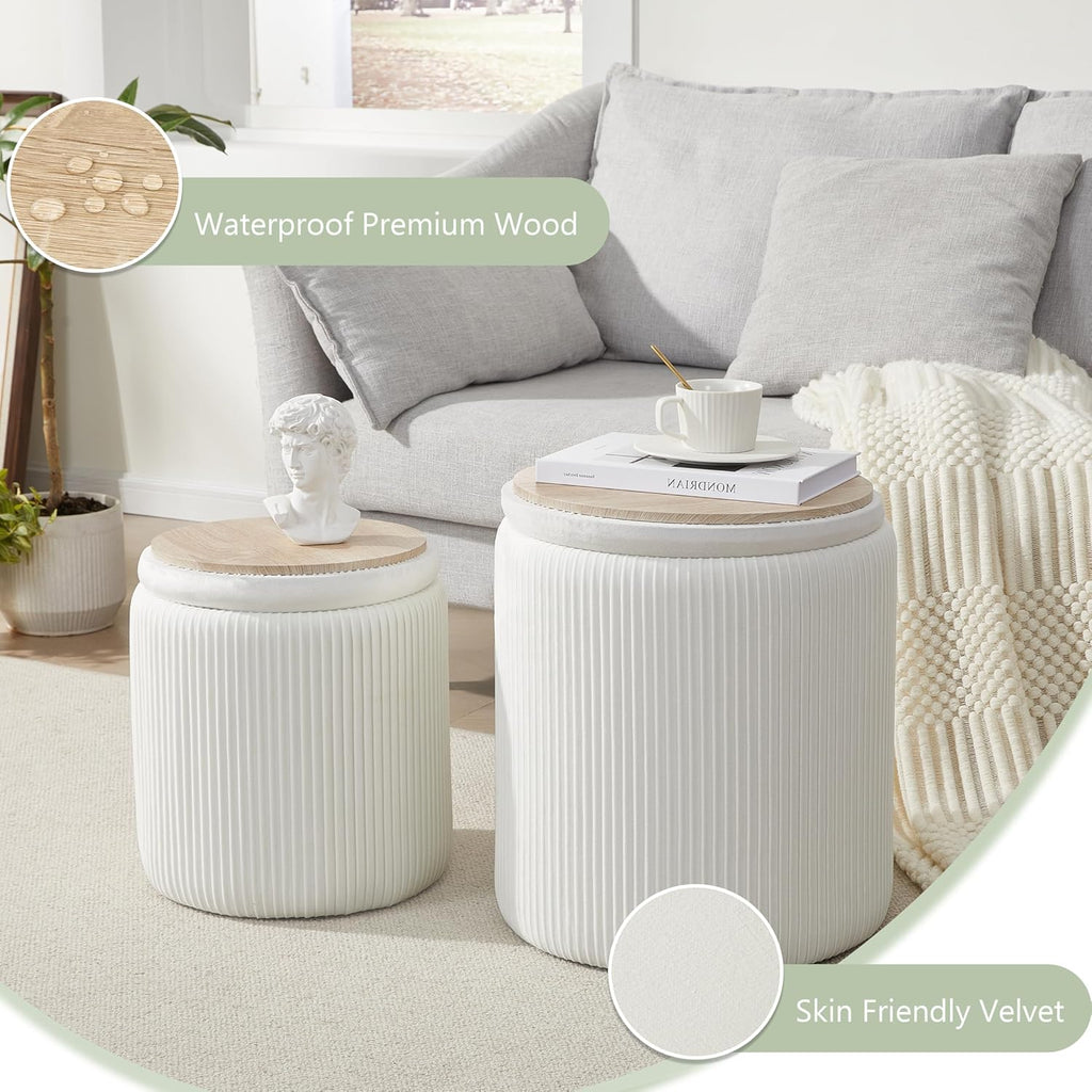 Round Ottoman with Storage Set of 2,Vanity Stool with Storage for Bedroom, Ottoman Coffee Table,Small Velvet Foot Stool for Living Room, White