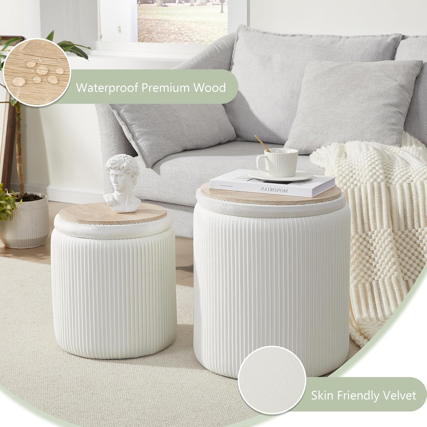 Round Ottoman with Storage Set of 2,Vanity Stool with Storage for Bedroom, Ottoman Coffee Table,Small Velvet Foot Stool for Living Room, White