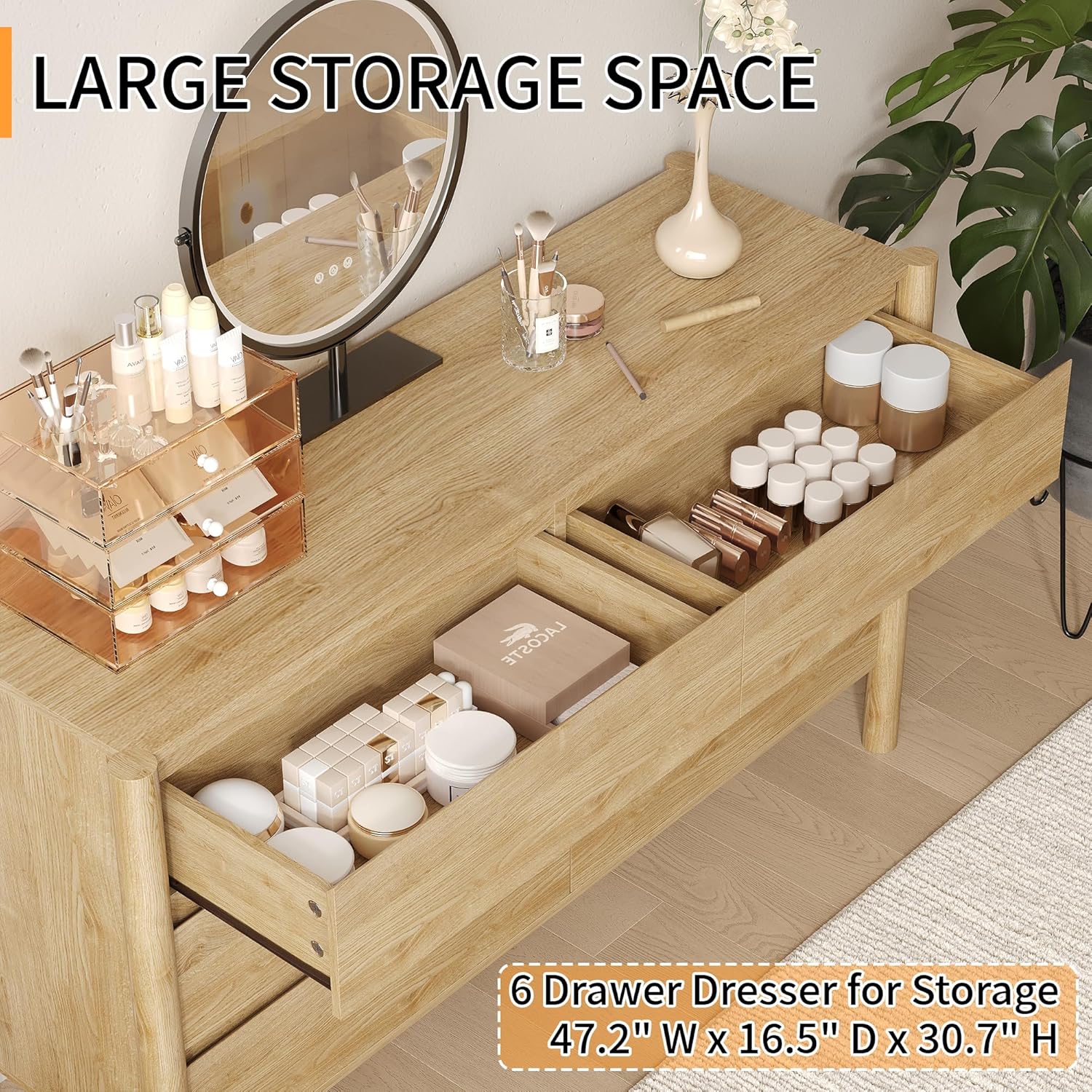 Dresser for Bedroom with 6 Drawers,47" Wide Oak Dresser with 4 Solid Wood Legs, Wooden TV Stand,Closet Clothes Organizer for Bedroom, Hallway