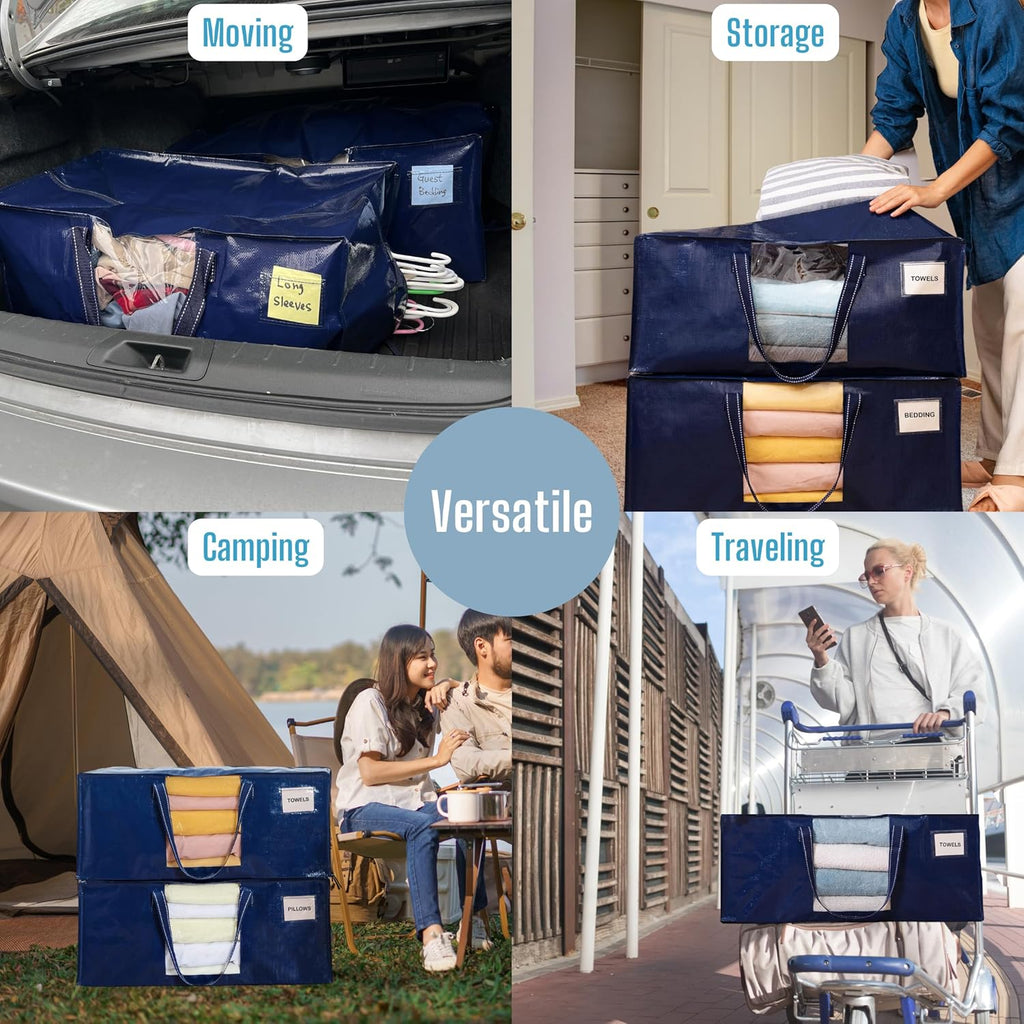 VENO 10 Pack Moving Bags Extra Large Storage Bags for College Move-In, Heavy-Duty Storage Totes, Packing Boxes, and Wardrobe Moving Supplies - Durable Laundry Bags for Clothes (Blue w/Window, 10 Pack)