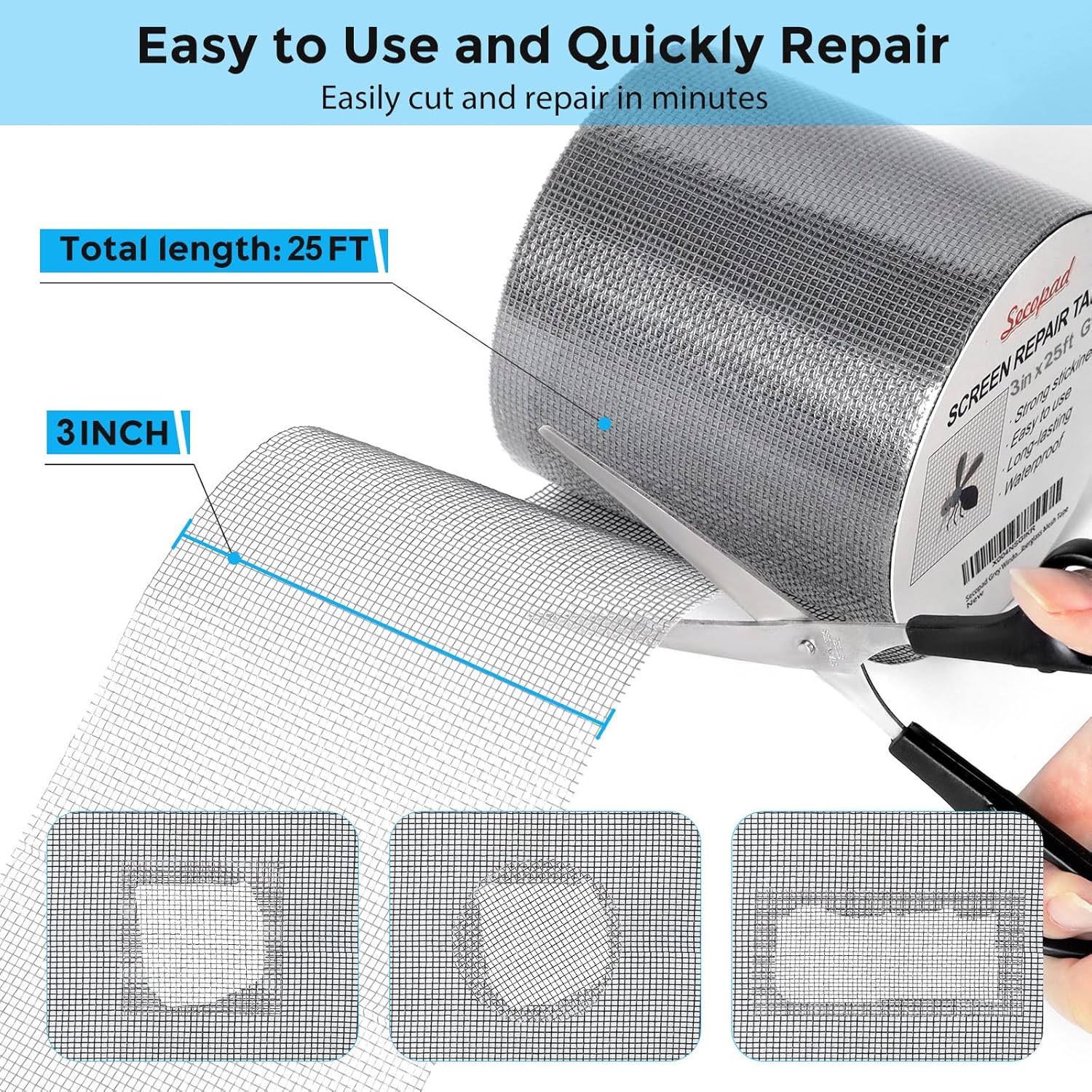 Grey Window Screen Repair Tape, 3IN X 25FT (300IN) Screen Repair Kit for Windows or Doors, Strong Adhesive Patch Kit Fiberglass Mesh Tape