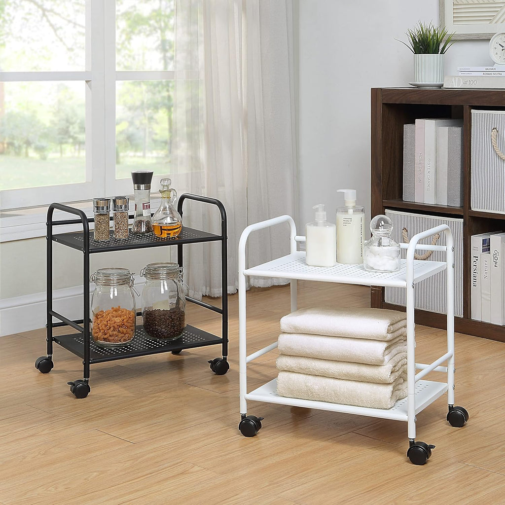 SunnyPoint 2-Tier Metal Rolling Utility Cart – Mobile Storage Shelf with Caster Wheels – Small Space Organizer for Home, Office, Bedroom, Kitchen (BLK)