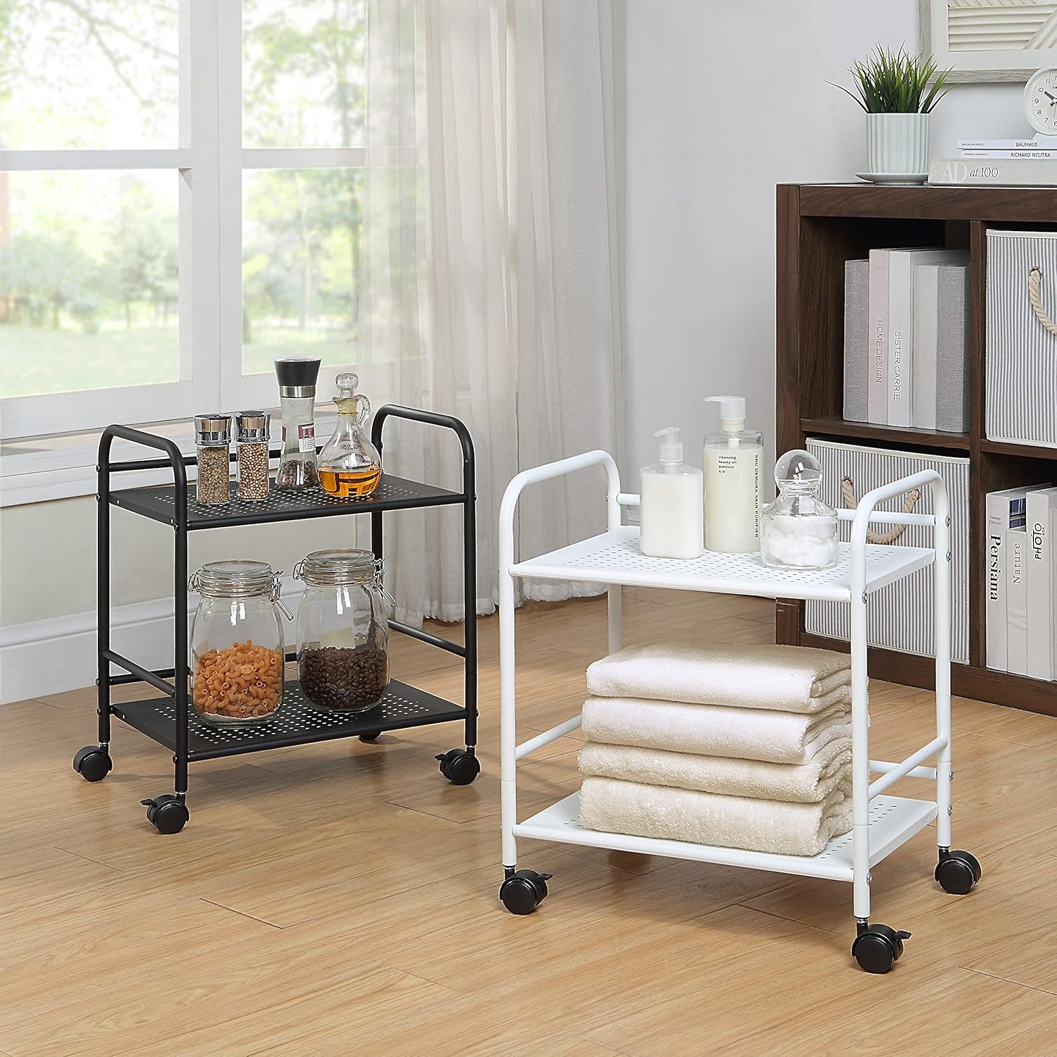 SunnyPoint 2-Tier Metal Rolling Utility Cart – Mobile Storage Shelf with Caster Wheels – Small Space Organizer for Home, Office, Bedroom, Kitchen (BLK)