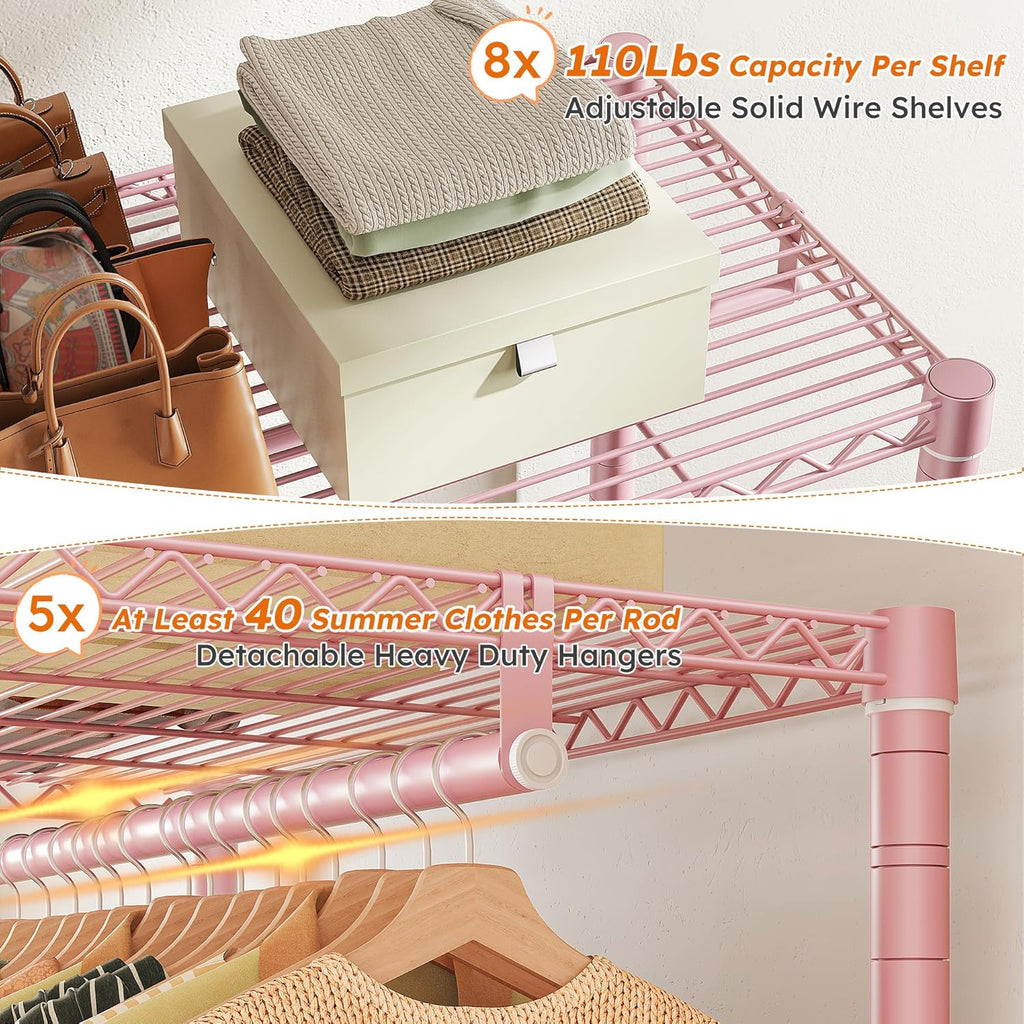 Raybee Clothes Rack,Clothing Racks for Hanging Clothes Heavy Duty,Adjustable Garment Rack with Shelves,Rolling Clothes Rack Max Load 905LBS,75" W x 77" H x 17.8" D Pink