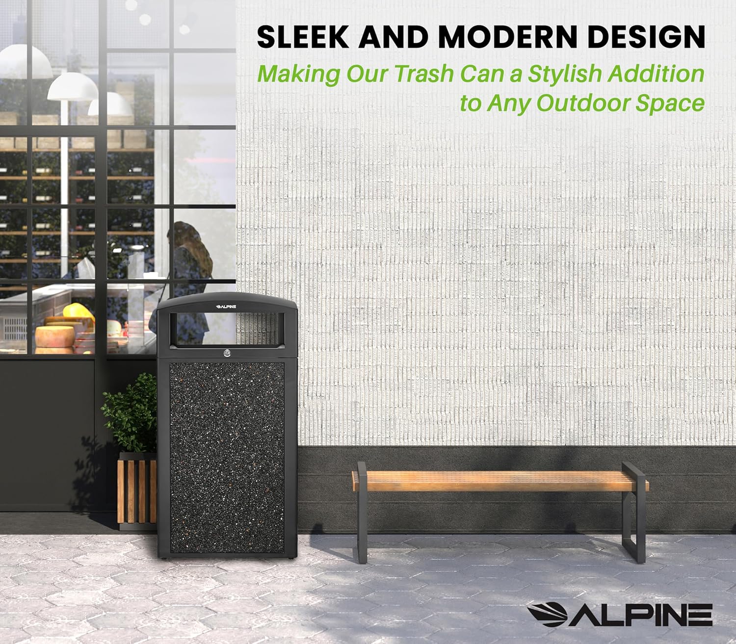 Alpine Outdoor Commercial Trash Can with Lid - 40 Gallon Heavy Duty Metal Garbage Can with Removable Bin, Locking Lid for a Modern Look in Park, Mall & High Traffic Areas - Black, Grey Stone Panels