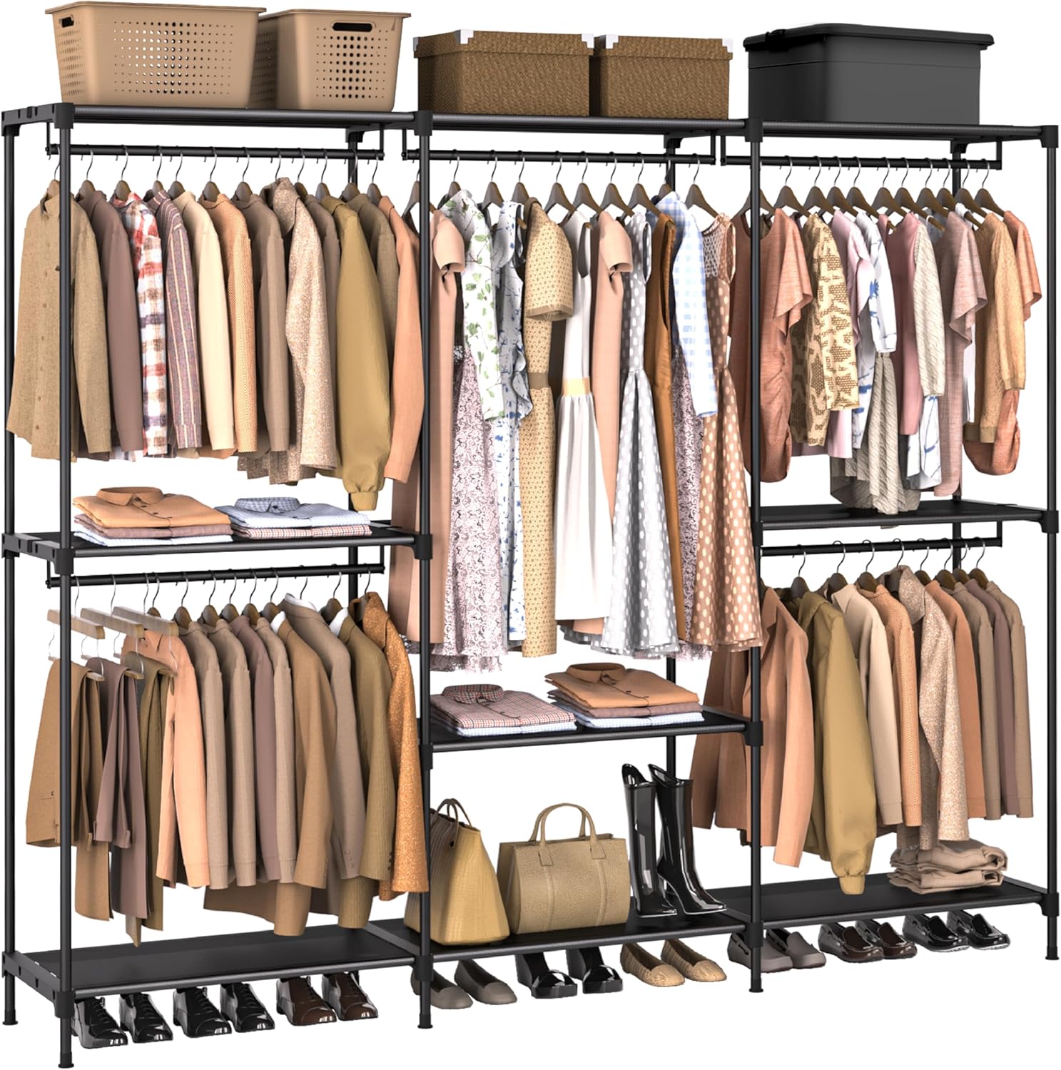 Clothes Rack, Portable Closet, 80.7 Inch Extra Large Capacity Wardrobe Closet, Clothes Storage Organizer with Shelves and 5 Hanging Rods, Easy to Assembly, Black PCT036B01