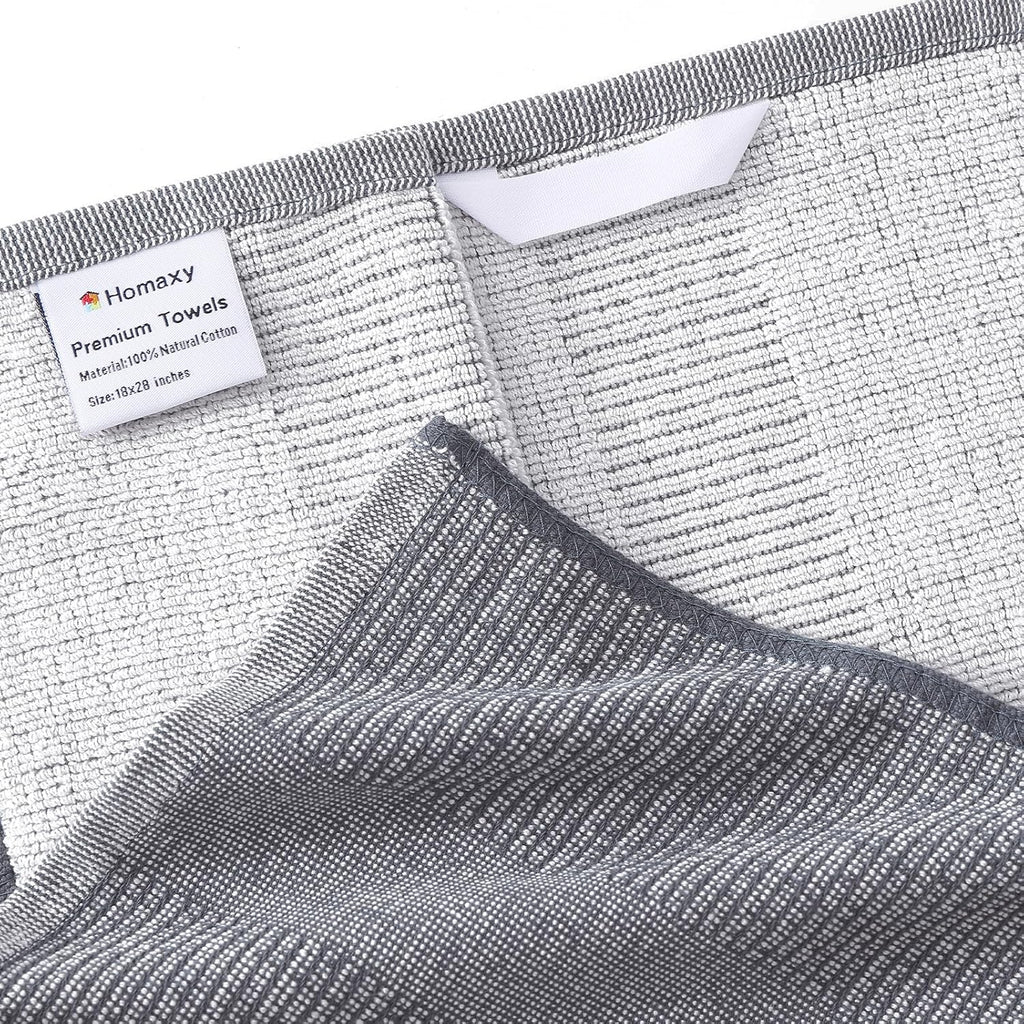 Homaxy Premium Kitchen Towels(18”x 28”, 12 Pack), Large Cotton Kitchen Hand Towels, Flat and Terry Dish Towels, 380 GSM Highly Absorbent Tea Towel Set with Hanging Loop, Grey/Khaki/Black