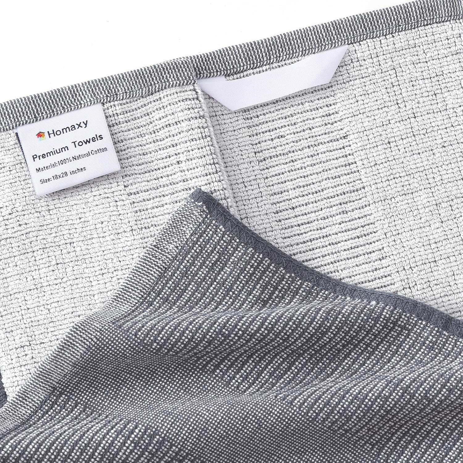 Homaxy Premium Kitchen Towels(18”x 28”, 12 Pack), Large Cotton Kitchen Hand Towels, Flat and Terry Dish Towels, 380 GSM Highly Absorbent Tea Towel Set with Hanging Loop, Grey/Khaki/Black
