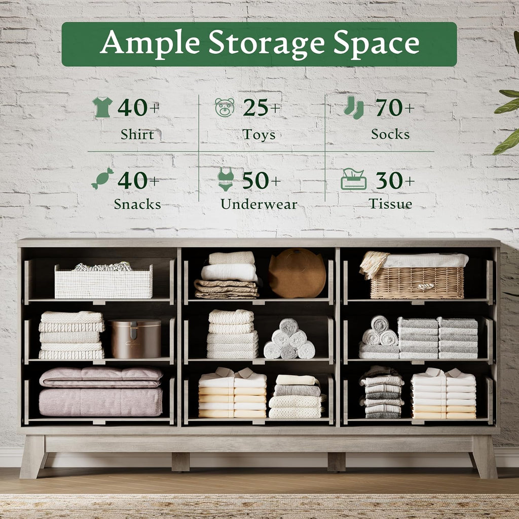 Fluted Dresser with 9 Drawers, 63" Wide Modern Chest of Drawers with Metal Handle, Wooden Dresser TV Stand, Wood Closet Clothes Storage Organizer for Bedroom, Living Room, Hallway, Light Grey