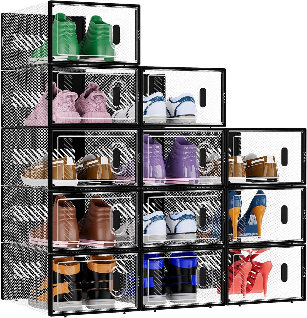 BALEINE 12 Pack Stackable Shoe Storage Boxes Fit Size 9, Thickened Clear Shoe Box Bins with Lids, Plastic Foldable Organizer Sneaker Storage Containers (Large, Black)