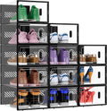 BALEINE 12 Pack Stackable Shoe Storage Boxes Fit Size 9, Thickened Clear Shoe Box Bins with Lids, Plastic Foldable Organizer Sneaker Storage Containers (Large, Black)