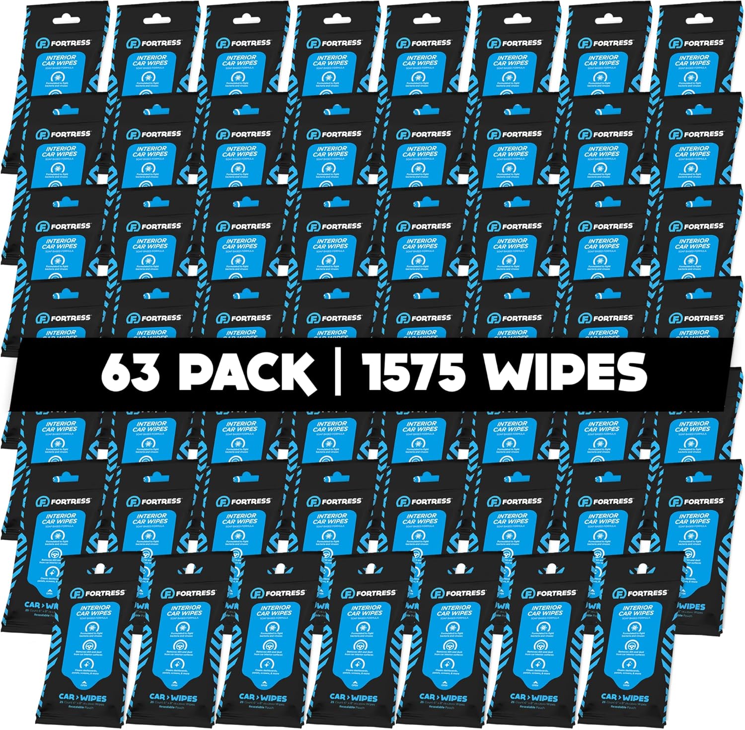 Fortress Car Interior Wipes (25 ct, Pack of 63) for Car Interior Cleaning, Dashboard, Seats, Detailing, and Steering Wheel [Travel Size] Skin-Safe Car Interior Cleaner Supplies