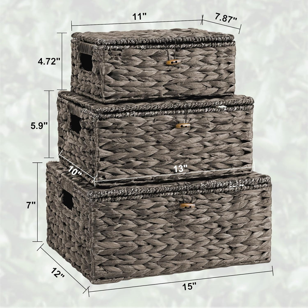 Wicker Storage Baskets with Lids and Handles, Hand Woven Rattan Storage Bins Box, Set 3 Black Water Hyacinth Decorative Large Small Basket Container for Shelves, Bathroom Organizing