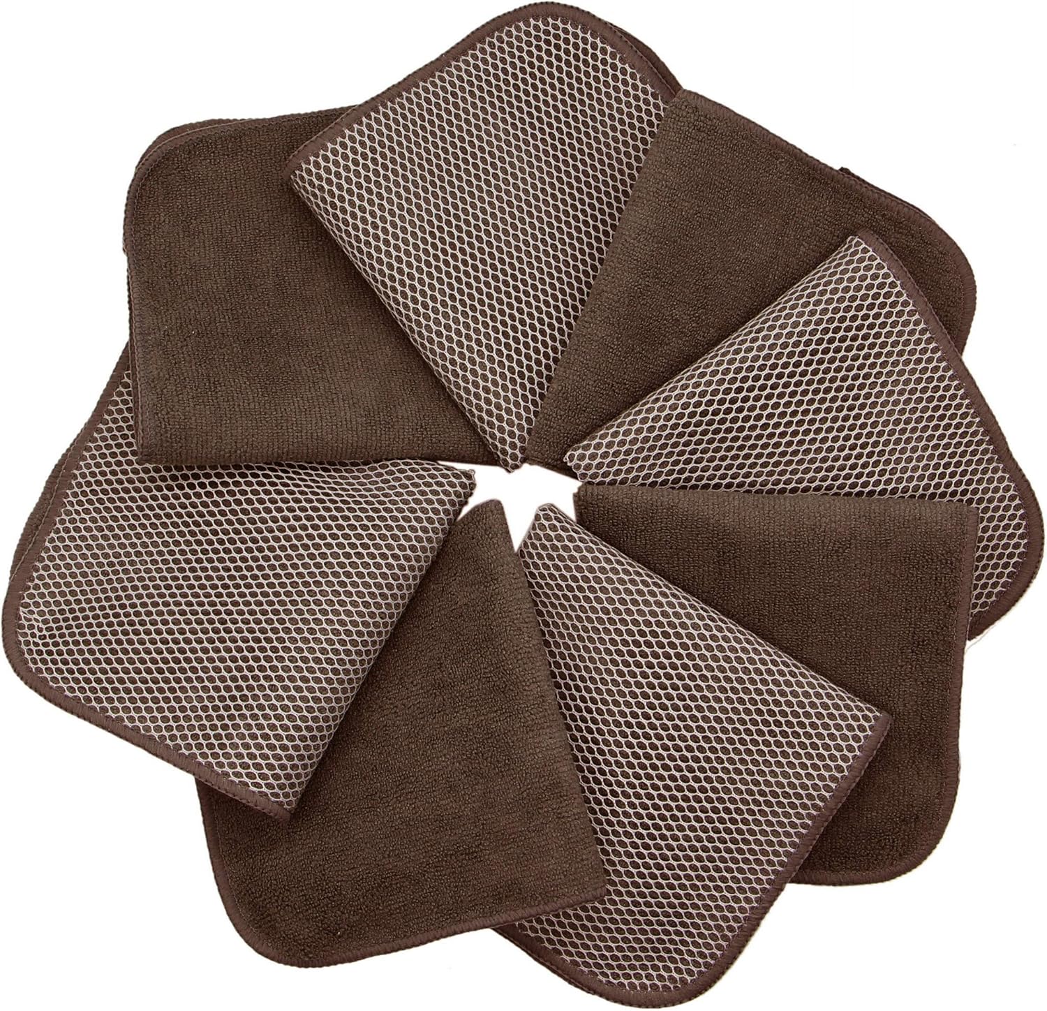 Microfiber Dish Cloths Fast Drying Kitchen Cleaning Cloth Dish Rags Dust Cloths Ultra Absorbent Lint Free Washcloths with Poly Scrub Side 12inch x 12inch 8 Pack (Brown)