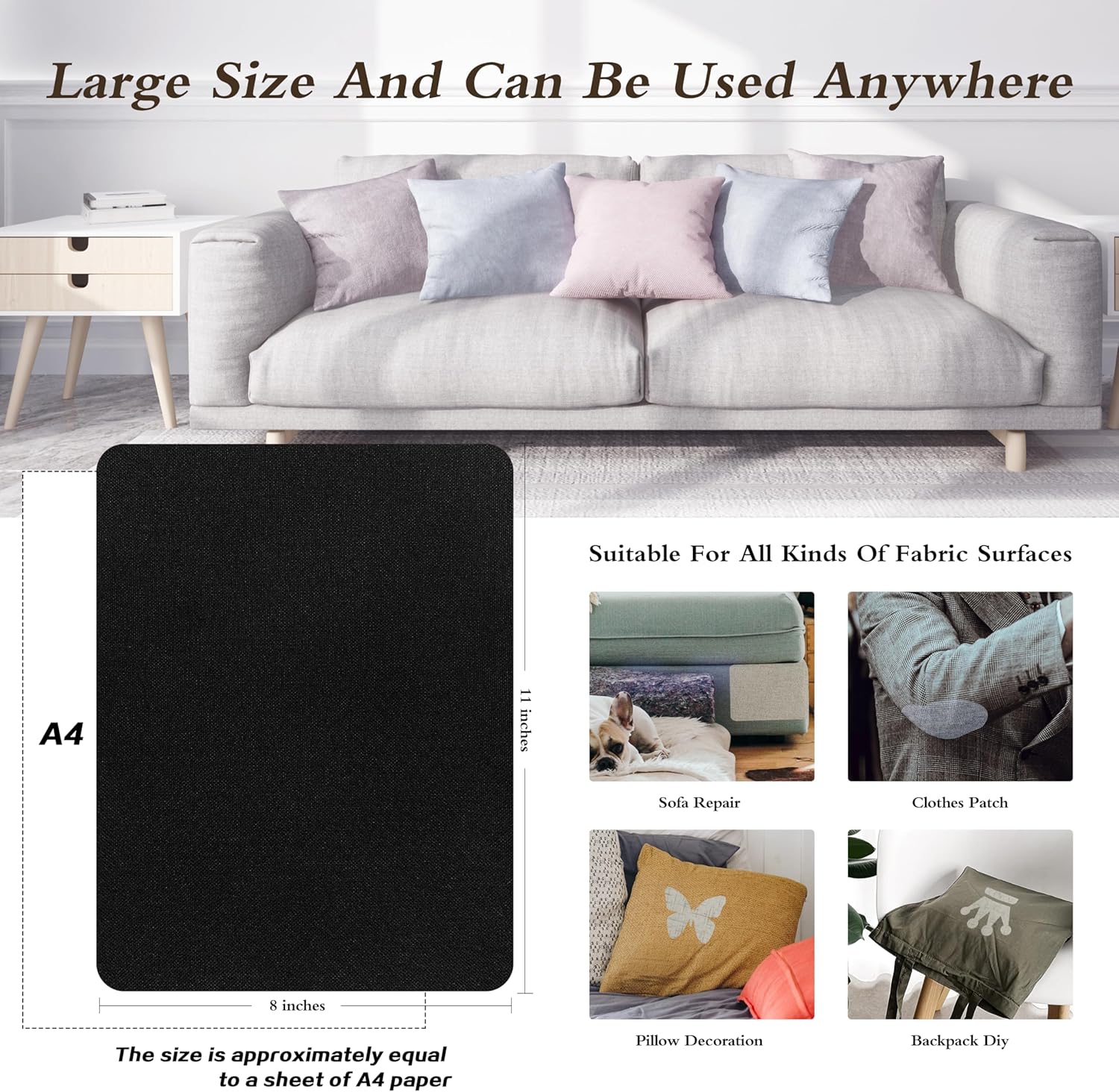 Fine Linen Repair Patches, Self-Adhesive Fabric Patches, 8x11 inch 2 PCS, Multi Color, for Sofa and Clothes Repair (Black, 8" x 11" - 2PCS)