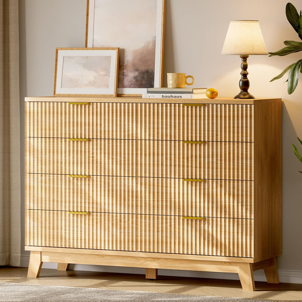 Fluted Dresser with 8 Drawers, 54" Wide Modern Chest of Drawers with Metal Handle, Wooden Dresser TV Stand, Wood Closet Clothes Storage Organizer for Bedroom, Living Room, Hallway, Natural Oak