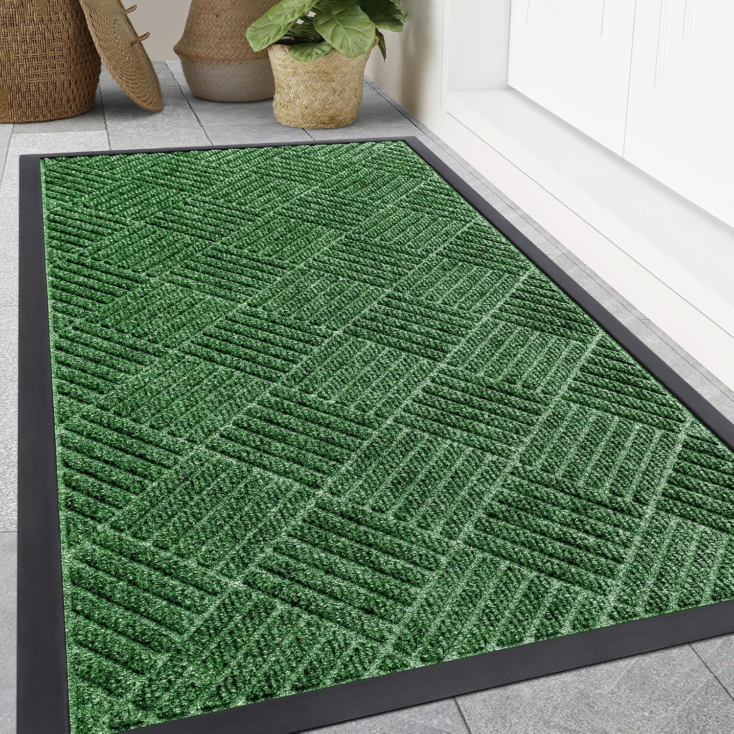 Smiry Front Door Mat Outside Entrance, Heavy Duty Outdoor Indoor Natural Rubber Doormat, Non Slip, Trap Dirt and Moisture, Easy Clean, Low Profile Patio Porch Entryway Mat, 47x32, Green