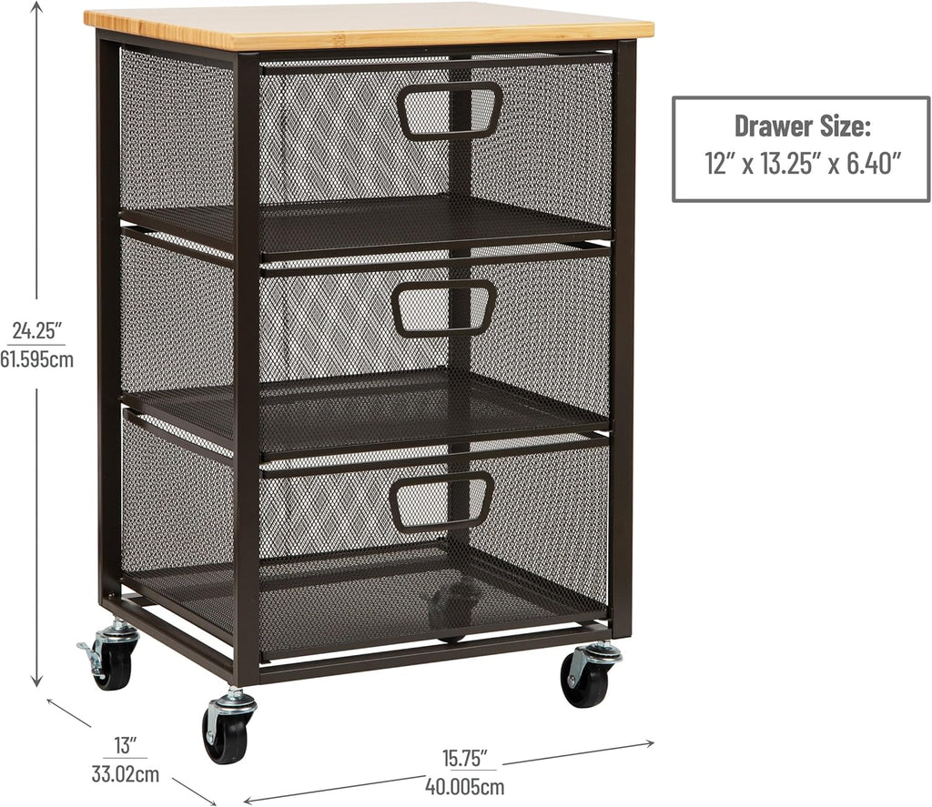 Mind Reader 3-Drawer Rolling Storage Cart, Office Organizer with Wood Top, Multipurpose Portable Cabinet with Wheels, Metal Mesh, Black