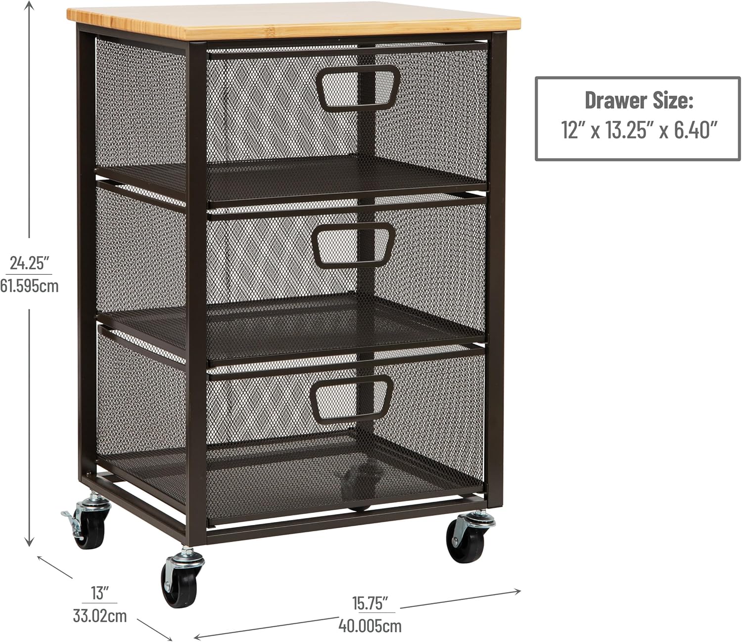 Mind Reader 3-Drawer Rolling Storage Cart, Office Organizer with Wood Top, Multipurpose Portable Cabinet with Wheels, Metal Mesh, Black