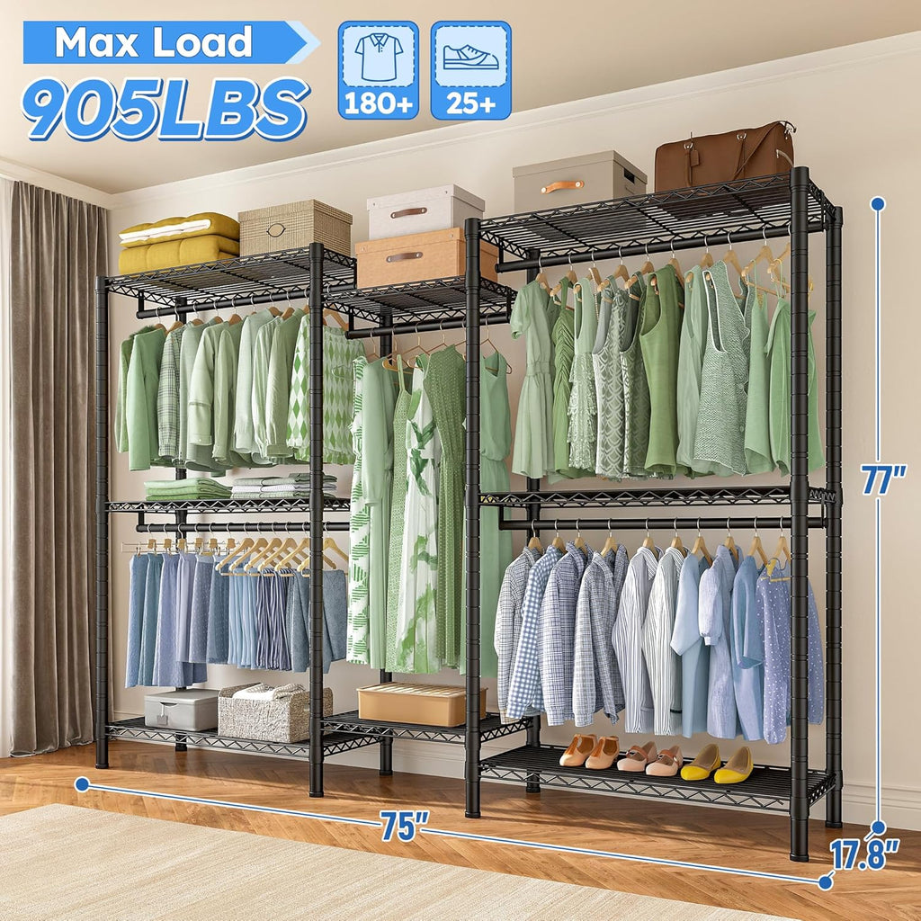 Raybee Clothes Rack Heavy Duty，Clothing Racks for Hanging Clothes with 5 Adjustable Hanging Rods, Metal Garment Rack for Bedroom, Laundry Room, Apartment,Gloss Black