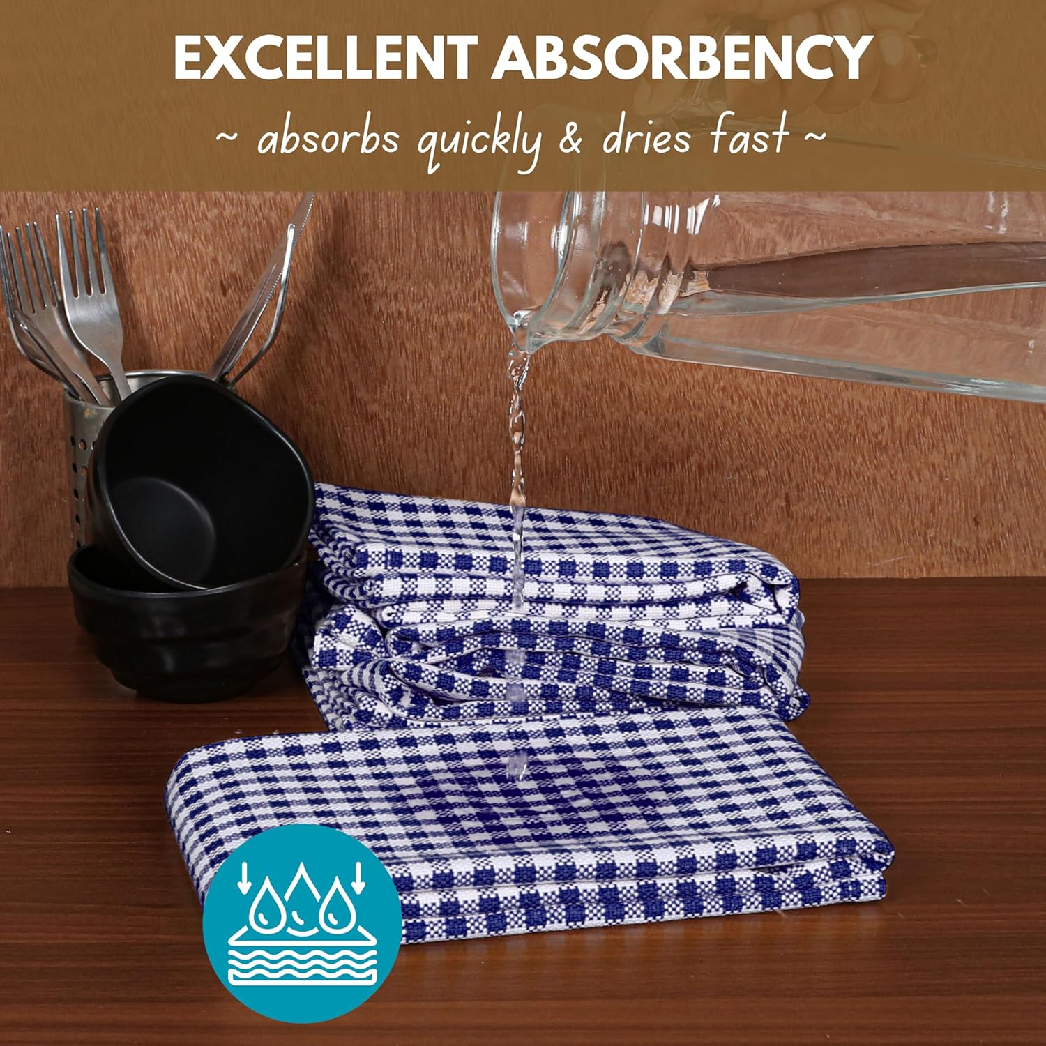 Native Fab 6 Pack Gingham Mini Check Kitchen Hand Towels Set 16"x26" - 100% Cotton Absorbent Reusable Wash Cloths - Quick Drying Dish Towels with Hanging Loops for Kitchen, Blue White