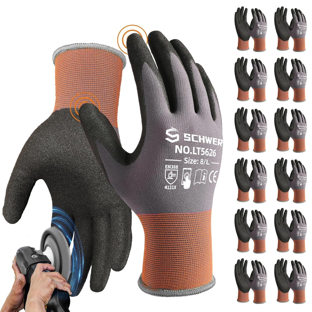 Schwer 12 Pairs Safety Work Gloves with Sandy Nitrile Coating , A1 Cut Resistant Heavy Duty Working Gloves with Grip for Men and Women, Ideal for General Use, Mechanic, Construction, Gardening, L
