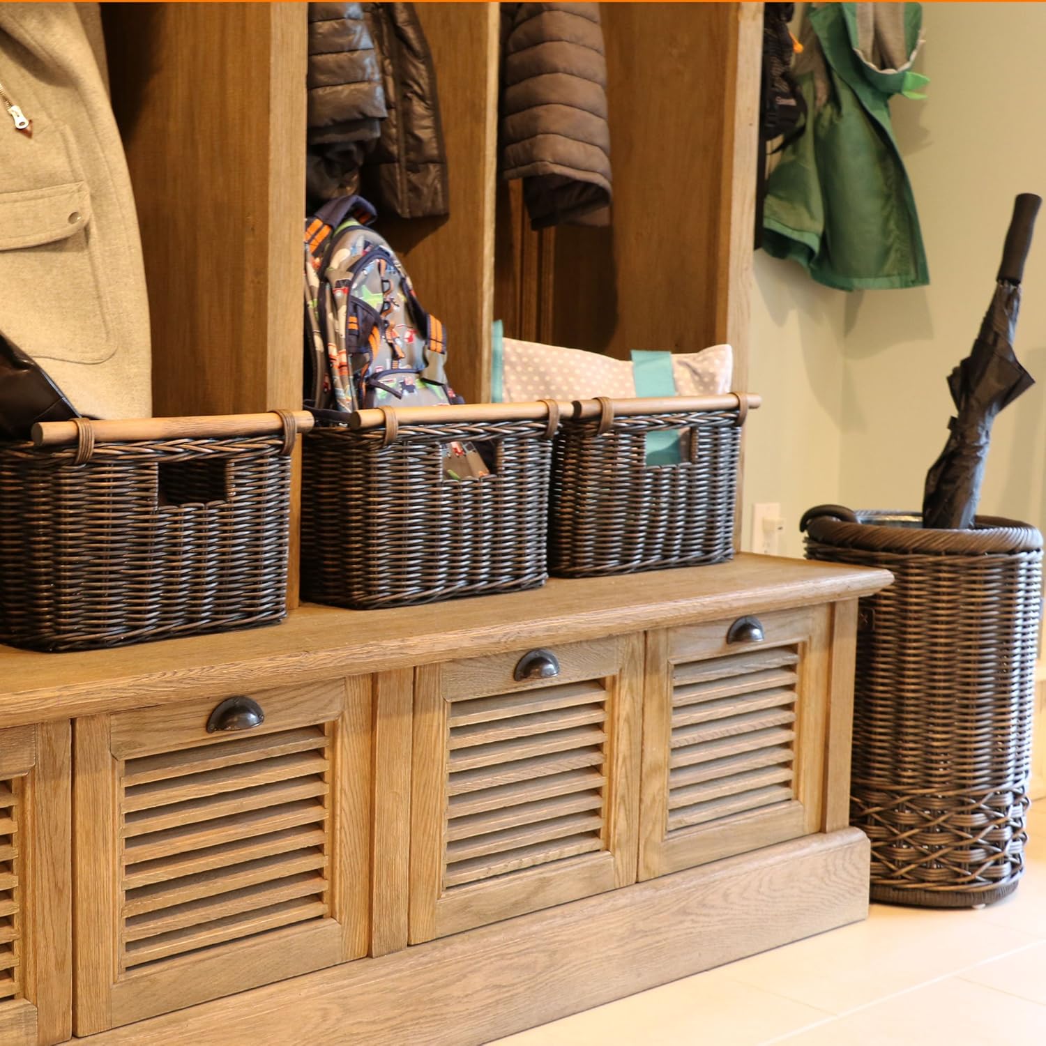 The Basket Lady Deep Pole Handle Wicker Storage Basket, Medium, 13.5 in L x 14 in W x 9 in H, Antique Walnut Brown